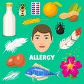 Allergy allergen food and allergic milk egg peanut and fish illustration of allergenicity set face of character with