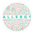 Allergy concept in circle with thin line icons: runny nose, dust, streaming eyes, lactose intolerance, citrus, seafood, gluten