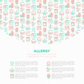 Allergy concept with thin line icons: runny nose, dust, lactose intolerance, citrus, seafood, gluten free, dust mite, flower, mold