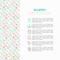 Allergy concept with thin line icons: runny nose, dust, streaming eyes, lactose intolerance, citrus, seafood, gluten free, dust