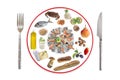 Allergy food concept. Various allergenic types of food on prepare plate with knife and fork over white background