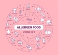 Allergy food web banner. Allergenic ingredients. Food intolerance. Infographics with linear icons on white background. Creative Royalty Free Stock Photo