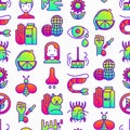 Allergy seamless pattern with thin line icons: runny nose, dust, streaming eyes, lactose intolerance, citrus, seafood,gluten free