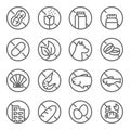 Allergy set vector illustration. Contains such icon as Peanut, Chocolate, Milk, Shell Fish, Wheat and more. Expanded Stroke