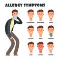 Allergy symptoms with sneezing cartoon man. Medical vector illustration Royalty Free Stock Photo