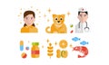 Allergy symptoms and treatment icons set, allergic reaction to animals, food, seafood vector Illustration on a white