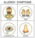 Allergy symptoms vector flat style illustration. The most common allergens icons set. Medicine and health symbols.