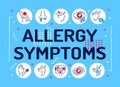 Allergy symptoms word lettering typography. Dermatological, infectious disease. Infographics with linear icons on background.