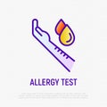 Allergy test thin line icon: dripping allergens on forearm. Skin prick test. Modern vector illustration