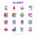 Allergy thin line icons set: runny nose, dust, streaming eyes, lactose intolerance, citrus, seafood,gluten free, dust mite, flower