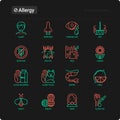 Allergy thin line icons set: runny nose, dust, streaming eyes, lactose intolerance, citrus, seafood,gluten free, dust mite, flower