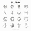 Allergy thin line icons set: runny nose, dust, streaming eyes, lactose intolerance, citrus, seafood, gluten free, dust mite,