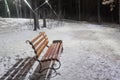 Alley with bench and street lights in winter night park Royalty Free Stock Photo