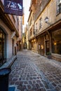 Alley of Cats in historic centre of Troyes with half timbered buildings