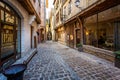 Alley of Cats in historic centre of Troyes with half timbered buildings