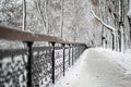 Alley of city park covered with snow Royalty Free Stock Photo