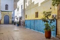 Alley in the city of Rabat with a plant in a drum, gaudy colored walls and a gray and yellow Arabic door in the background