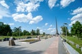 Alley of cosmonauts at VDNKh and Monument to the Conquerors of Space. Memorable place and tourist attraction of Moscow Royalty Free Stock Photo