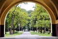 Alley, entrance to the park. view through the arch. Royalty Free Stock Photo