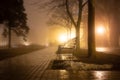 Alley of the evening misty park with burning lanterns, trees and benches.