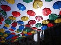 Alley of floating umbrellas. city of Saint Petersburg, Russia. Beautiful street with beautifully decorated.