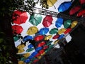 Alley of floating umbrellas. city of Saint Petersburg, Russia. Beautiful street with beautifully decorated.