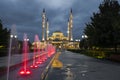 Alley of fountains and mosque of `Heart of Chechnya`. Grozny
