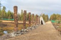 Alley of the gods, Sami, saami village on the Kola Peninsula, Russia. Tourist ethnographic parking. Settlement Old Titovka, Royalty Free Stock Photo