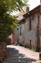 Alley of an Italian village with old brick houses, plants and flowers Fiorenzuola di Focara, Italy Royalty Free Stock Photo