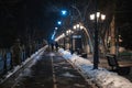 alley with lanterns and benches at night in winter Royalty Free Stock Photo