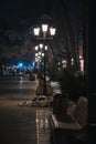 alley with lanterns and benches at night in winter Royalty Free Stock Photo