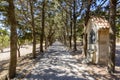 Alley leading to cross on top of Filerimos mountain, Rhodes island, Greece Royalty Free Stock Photo