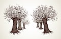 Alley of leafless trees. Vector drawing