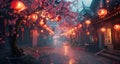 an alley with lit lanterns under a cherry blossom tree Royalty Free Stock Photo