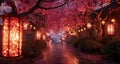an alley with lit lanterns under a cherry blossom tree Royalty Free Stock Photo