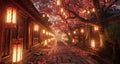 an alley with lit lanterns under a cherry blossom tree Royalty Free Stock Photo