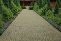 Alley of a long path of brown stone paving slabs Royalty Free Stock Photo