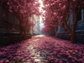 Alley of lushly blooming pink magnolias Royalty Free Stock Photo