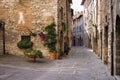 An alley of a medieval Italian village with stone houses, wooden doors, plants and flowers Gubbio, Umbria, Italy