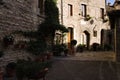 An alley of a medieval Italian village with stone houses, wooden doors, plants and flowers Gubbio, Umbria, Italy