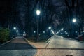 The alley of a night autumn park in a light fog. Footpath in a fabulous late autumn city park at night with benches and latterns.