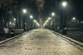 The alley of a night autumn park in a light fog. Footpath in a fabulous late autumn city park at night with benches and latterns.