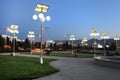 Alley in the park with a solar-powered lanterns.