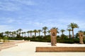 Alley road with green high palms and stone columns on the sides on a sunny day in a tropical warm country. Landscape. Royalty Free Stock Photo