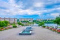 The alley with small fountains in Taras Shevchenko Park leads to Pearl of Love fountain, Uman, Ukraine Royalty Free Stock Photo