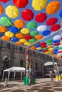 Alley of soaring umbrellas in Solyany Lane in St. Petersburg