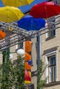 Alley of soaring umbrellas in Solyany Lane in St. Petersburg