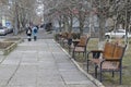 Alley in the spring park. Girls walk along the alley