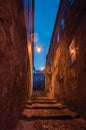 Alley with steps and stone houses at night Royalty Free Stock Photo