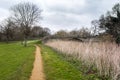 Alley towards the stone bridge in Cranford Park on an overcast day Royalty Free Stock Photo